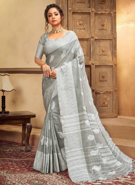 Gray Colour ASHIKA CHIKANKARI BUTTA Cotton Linen With Resham Work Designer Saree Collection CB 04